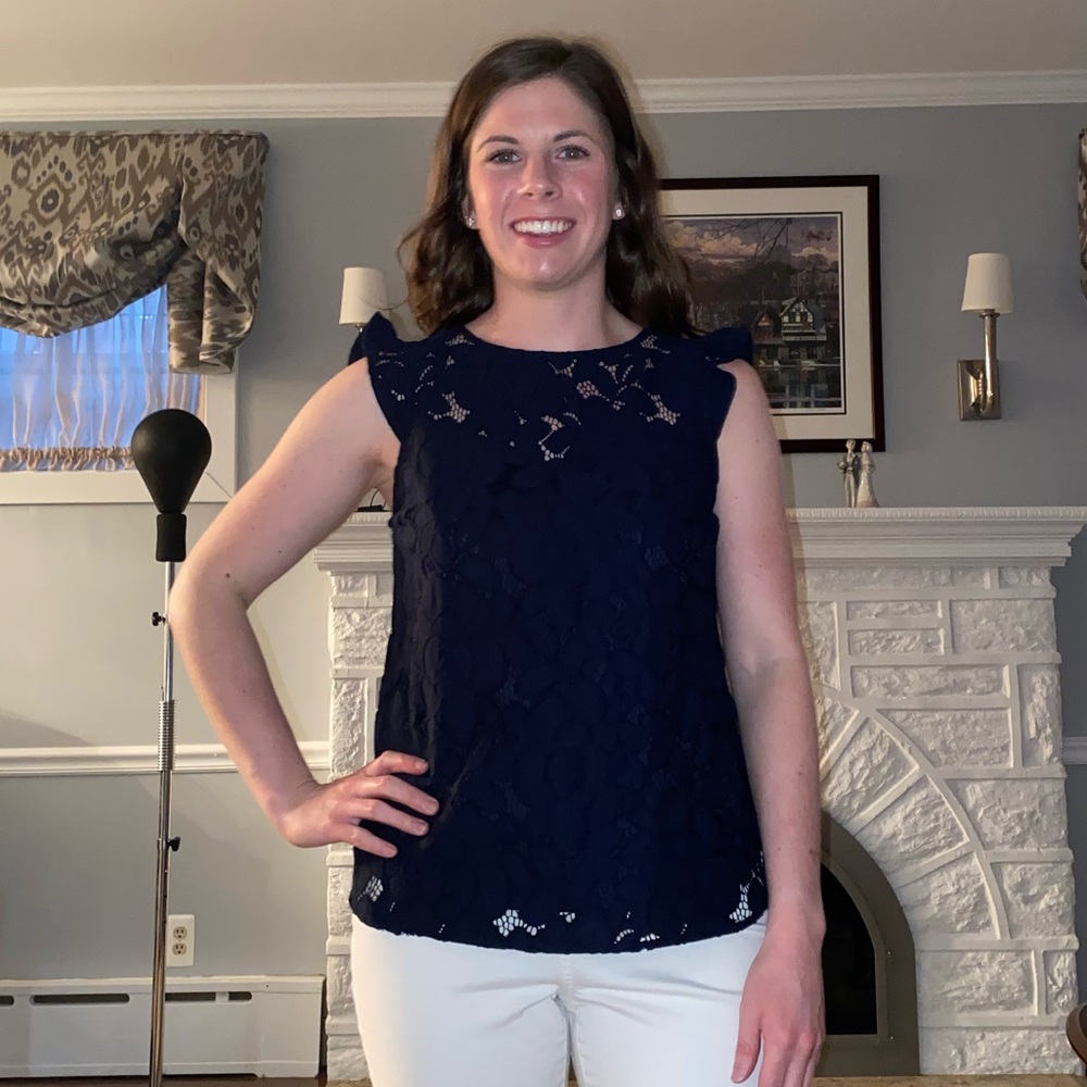 Navy Blue Lace Top with Ruffled Shoulders, Size Medium